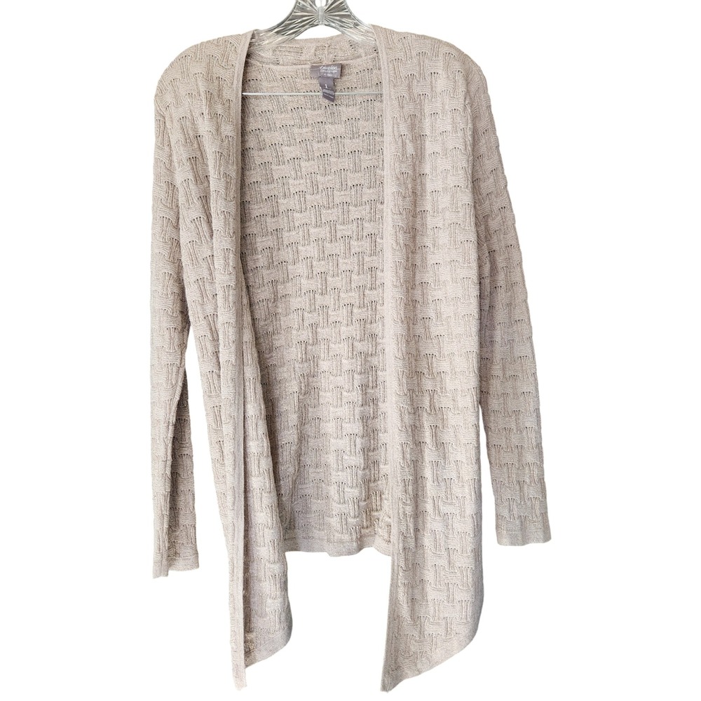 Chico's Travelers Cardigan Jacket sz 1 M 8 Gold Knit Sweater Open Front Textured